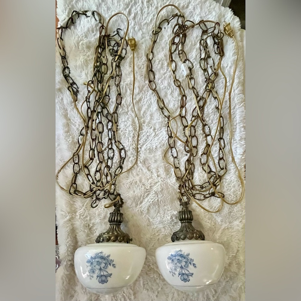 Vintage Hanging Double Blue & White Glass Ceiling Lamps set of two